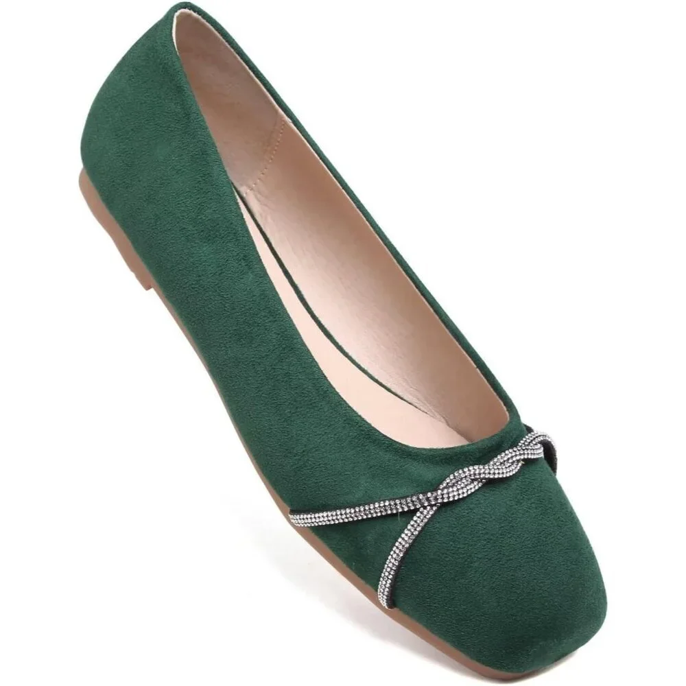 Women's Green Suede Casual Fashion Chain Pointed Toe Ballet Flat Rhinestone